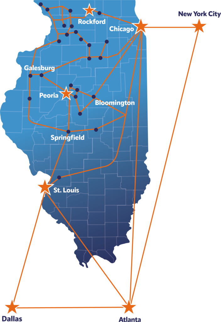 State of Illinois Fiber Infrastructure Network map around major Illinois cities and out to larger cities like New York, Dallas, and Atlanta