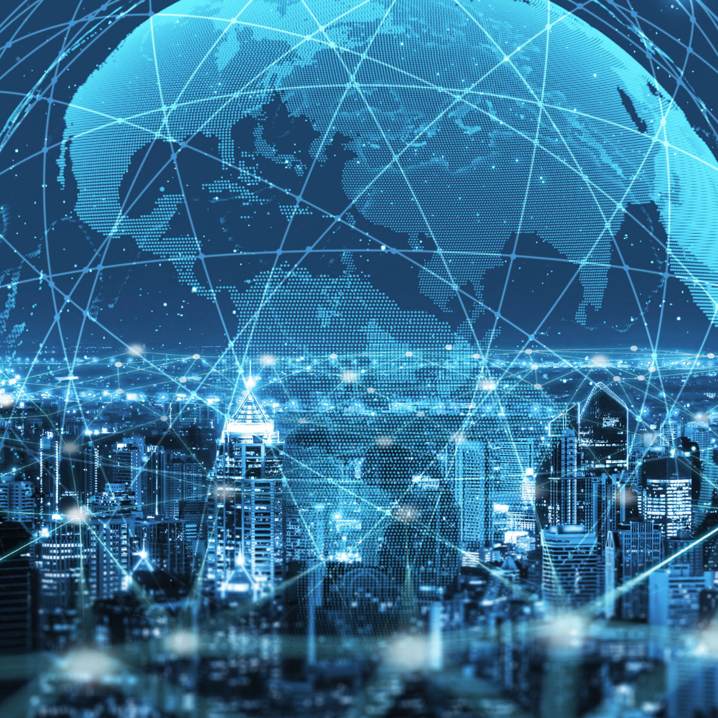 The modern creative communication and internet network connect in smart city . Concept of 5G wireless digital connection and internet of things future.